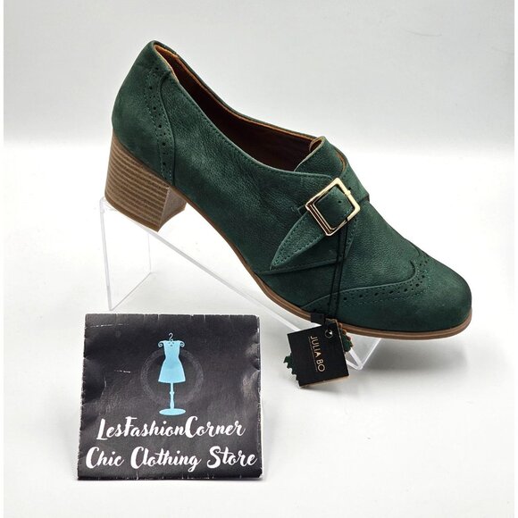 NWT Julia Bo Women's Green Leather Duke Pumps Heel Monk Shoes Sz 9.5 (40) 2974 - Picture 13 of 16